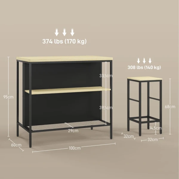 Barset, 2 Barstoelen En 1 Bartafel, Vlekbestendig, Stevig, Stalen Frame, Zwart/eiken 3