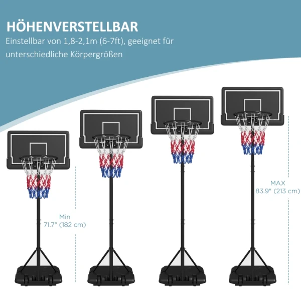 Basketbalstandaard, In Hoogte Verstelbaar, Verrijdbaar, Vulbaar, Onbreekbare Achterwand, Mandhoogte 1,82 - 2,13 M, Zwart 4