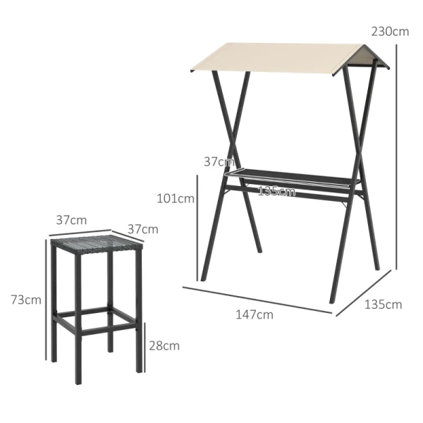 Buitenbarset, Rotan Look, 4 Barkrukken & 1 Hoge Bartafel, Met Dak, Metalen Frame, Zwart/kaki 3