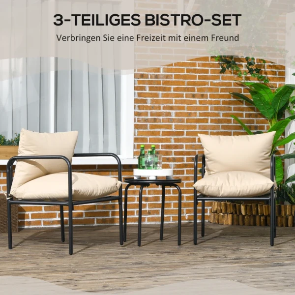 Buitenzitgroep, 3 Delen, 2 Stoelen, Tafel Met Glazen Blad, Zitkussens, Metalen Frame, Beige 4