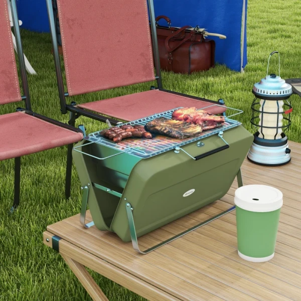 Draagbare Grill, Mini-houtskoolgrill, Opvouwbaar, Met Houtskoolbak En Asbak, Metalen Behuizing, Groen 2