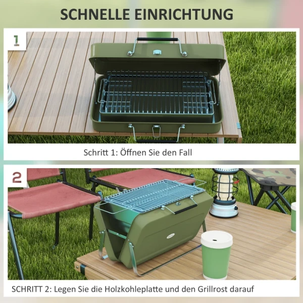 Draagbare Grill, Mini-houtskoolgrill, Opvouwbaar, Met Houtskoolbak En Asbak, Metalen Behuizing, Groen 5