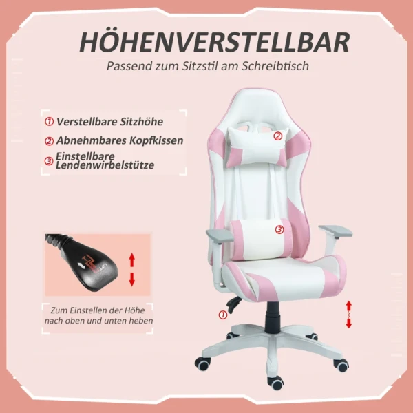 Gamingstoel, Racedesign, Kantelbaar, In Hoogte Verstelbaar, Kunstleer, 67B X 60D X 120-128H Cm, Roze/wit 4