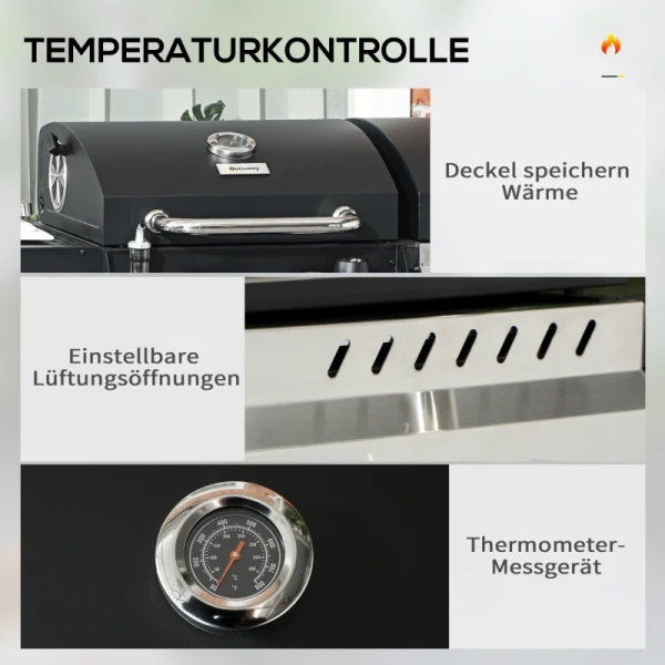 Gasgrill BBQ-grill, Inclusief Thermometer, Warmhoudplaten, 161 X 53 X 101 Cm, Zwart + Zilver 6