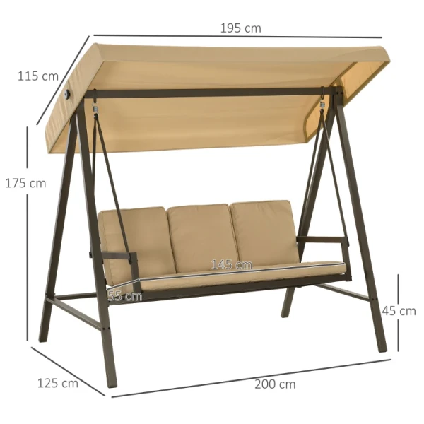 Hollywood Swing Tuinschommelbank, Verstelbare Zonnekap, 200 Cm X 125 Cm X 175 Cm, Beige + Bruin 3