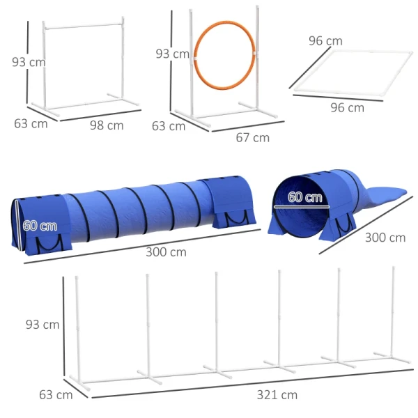 Hondenbehendigheidsset Hondenparcours, 1 Hoepel, 2 Tunnels 2 Hindernissen, 321 Cm X 63 Cm X 93 Cm, Blauw + Rood + Wit 3