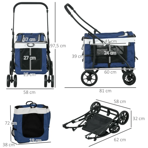 Hondenbuggy Huisdierbuggy Hondenkar Opvouwbaar Afneembare Mand 81 X 58 X 97,5 Cm Zwart + Blauw + Wit 3