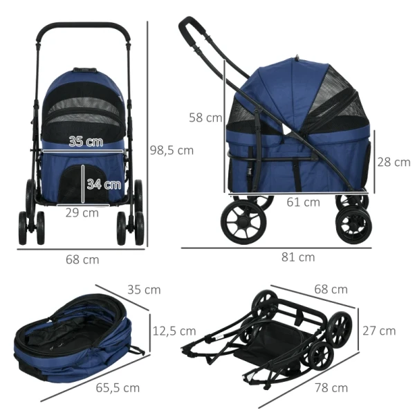 Hondenbuggy Huisdierenbuggy, Opvouwbaar, Regenhoes, 2 Veiligheidslijnen, 81x 68 X 98,5 Cm, Donkerblauw 3