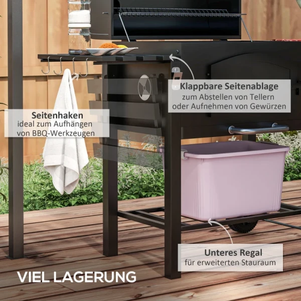 Houtskoolgrill BBQ-grillroker, Verstelbaar Houtskoolcompartiment, Zijplanken, 124 X 66 X 112 Cm, Zwart 6