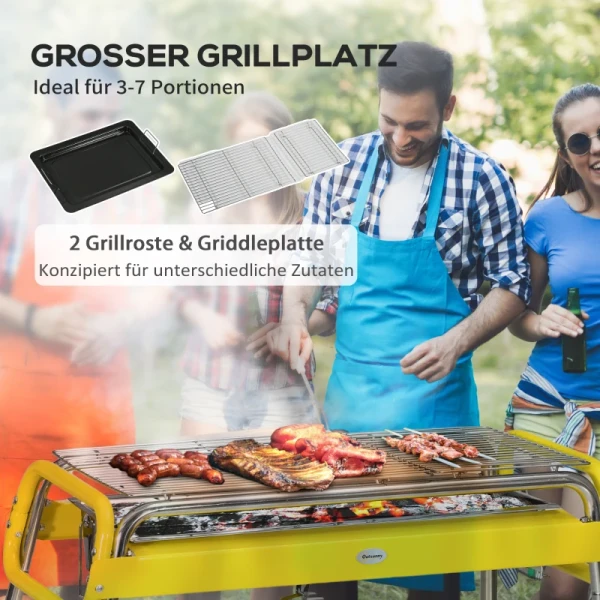 Houtskoolgrill, Opvouwbare Grill, 2 X Grillrooster, Grillplaat, Afneembare Bakplaat, Roestvrij Staal, 85 X 43 X 72 Cm, Geel 4