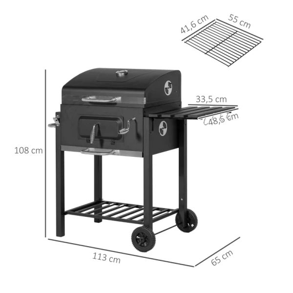 Houtskoolgrillroker BBQ-roker, 1 Plank, 1 Handdoekhouder, 2 Grillroosters, 113 Cm X 65 Cm X 108 Cm, Zwart 3