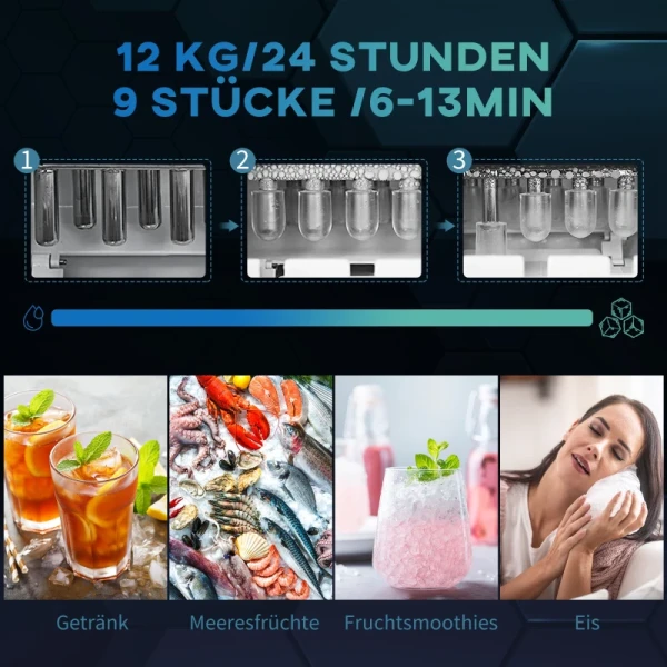 IJsblokjesmachine, 2,2 Liter, 12 Kg In 24 Uur, Ijsbollen, Zelfreinigend, Ijsbakje, Ijsschep, Zwart 4