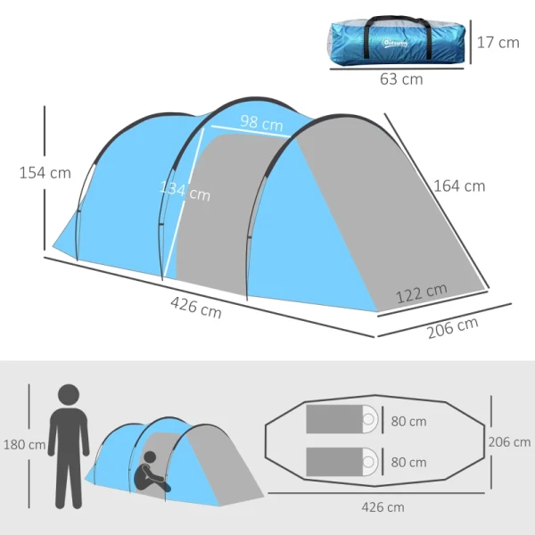 Kampeertent, Pop-up Tent Voor 2-3 Personen, Voorkamer En Slaapgedeelte, Waterdicht, 426 X 206 X 154 Cm, Lichtblauw 3