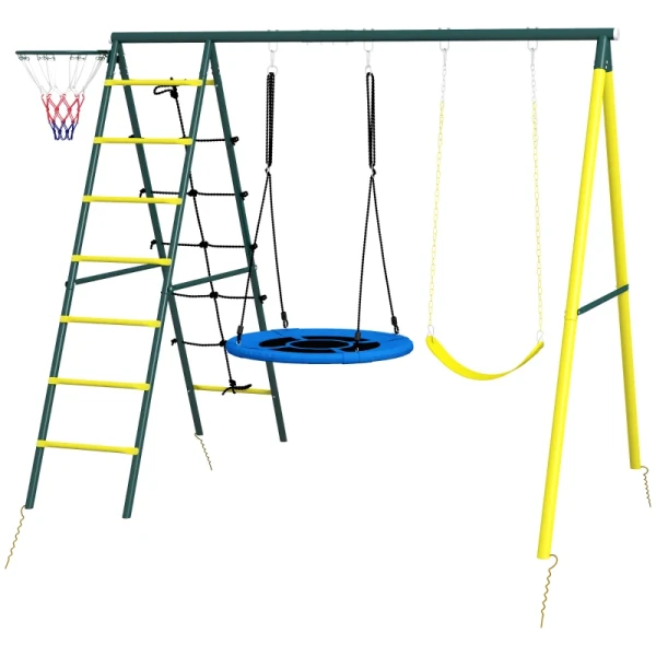 Kinderschommelstang Met 2 Schommels, Basketbalring, Klimladder, 267x180x202 Cm, Geel 1