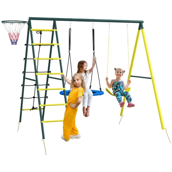 Kinderschommelstang Met 2 Schommels, Basketbalring, Klimladder, 267x180x202 Cm, Geel 10