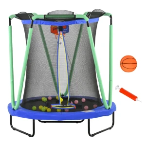 Kindertrampoline Met Basketbalring, Basketbal, 20 Ballen, Tot 50 Kg, 140 X 155H Cm, Blauw/groen 1