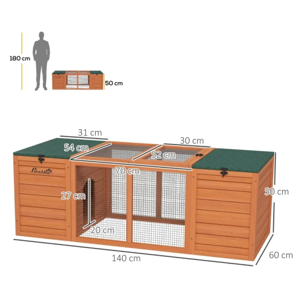 Kleindierenhok, Dwergkonijnenhok, 2 Boxen, 1 Ren, Weerbestendig, 140 Cm X 60 Cm X 50 Cm, Groen + Oranje 3