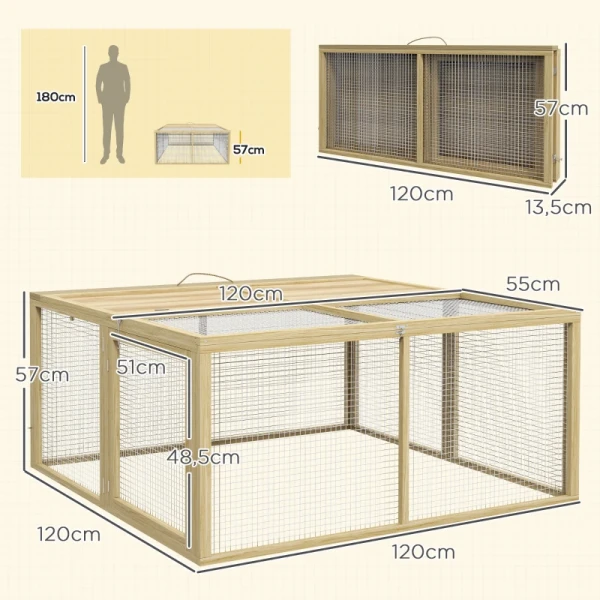 Kooi Voor Kleine Dieren, Konijnenhok, Scharnierend Dak, Dennenhout, 120x120x57cm, Naturel 3