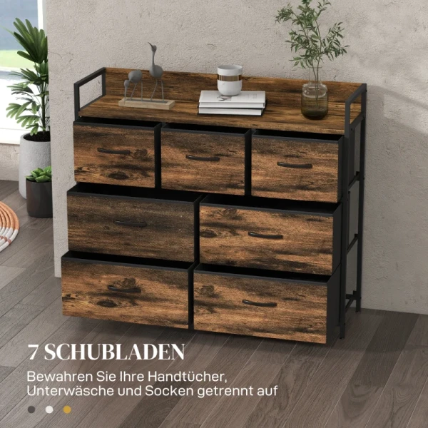 Ladekast, Dressoir Met 7 Stoffen Lades, Industrieel Design, Stalen Frame, 98x29x85cm, Bruin/zwart 4