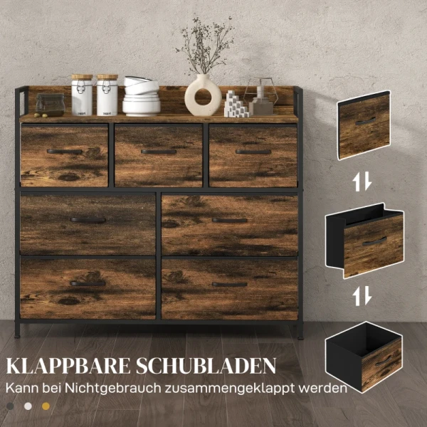 Ladekast, Dressoir Met 7 Stoffen Lades, Industrieel Design, Stalen Frame, 98x29x85cm, Bruin/zwart 6