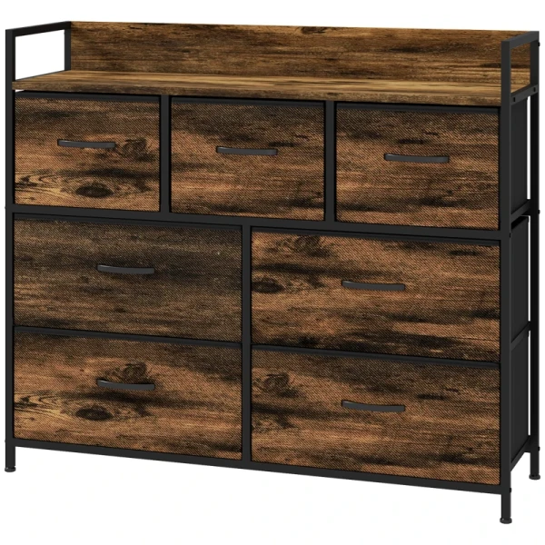 Ladekast, Dressoir Met 7 Stoffen Lades, Industrieel Design, Stalen Frame, 98x29x85cm, Bruin/zwart 1