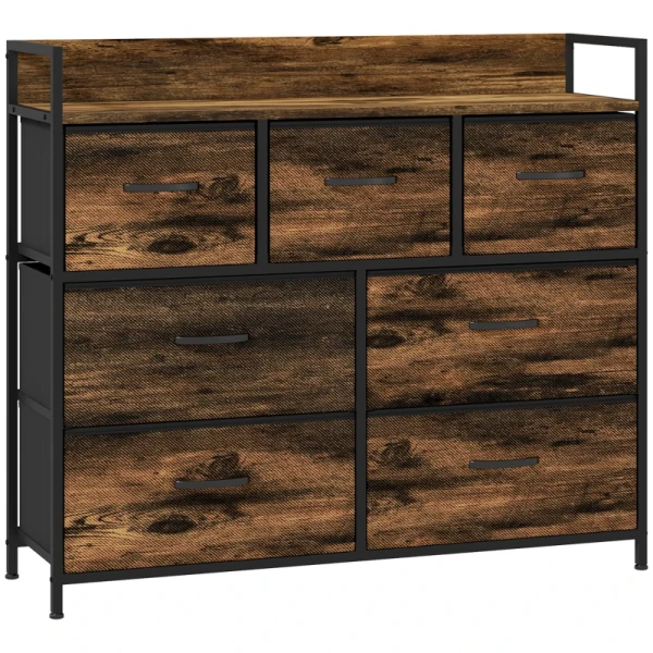 Ladekast, Dressoir Met 7 Stoffen Lades, Industrieel Design, Stalen Frame, 98x29x85cm, Bruin/zwart 10