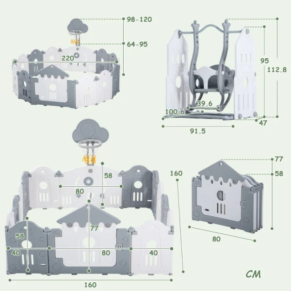 Multifunctionele Box In Kasteeldesign Met Schommel, Basketbalring En Activiteitenbord - Veilig En Opvouwbaar, Grijs 3