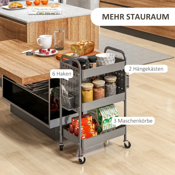 Multifunctionele Trolley Keukentrolley, 3 Planken, 4 Wielen, 53,5 Cm X 30,5 Cm X 75 Cm, Grijs 4