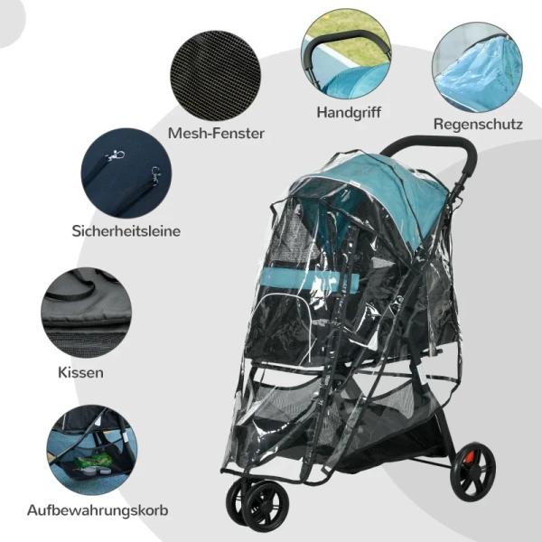 Pet Buggy Opvouwbare Hondenbuggy Met Regenhoes 2 Bekerhouders Blauw + Zwart 7