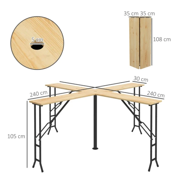 Picknicktafel, Buitenklaptafel, Tot 20 Personen, Weerbestendig, Metaal, Dennenhout, 2,4x2,4x1m, Naturel/zwart 3