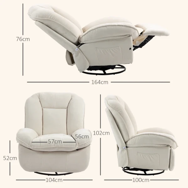 Relaxstoel, Verstelbaar, 104x100x102cm/164x76cm, Crèmewit 3