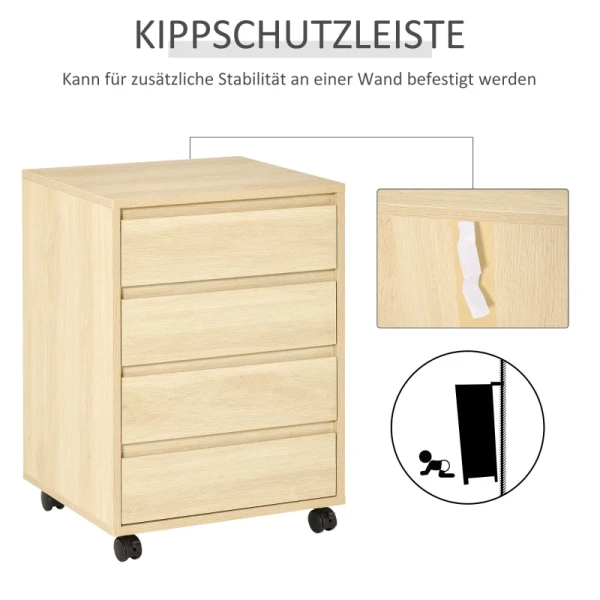 Rolcontainer Archiefkast, 4 Laden, 4 Wielen, MDF Hout, 46 Cm X 40 Cm X 65 Cm, Naturel 6