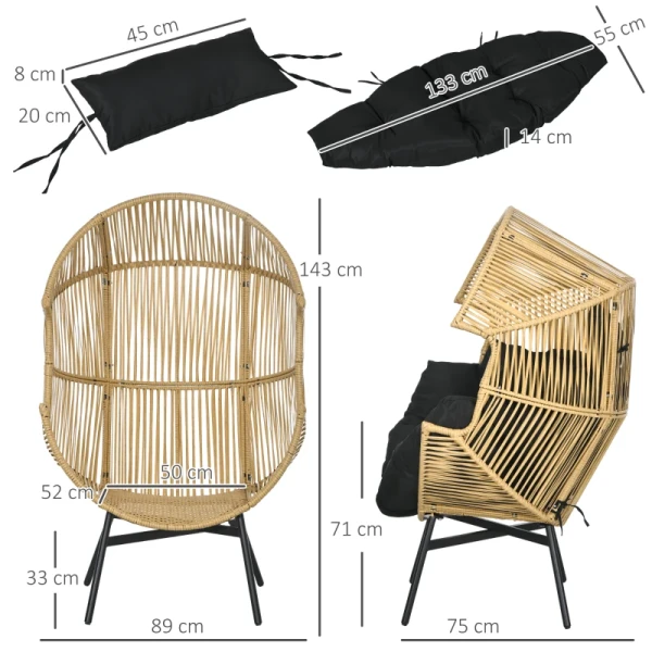 Rotan Fauteuil, Buitenfauteuil, Tuinfauteuil, PE Rotan, 89 Cm X 75 Cm X 143 Cm, Naturel + Zwart 3