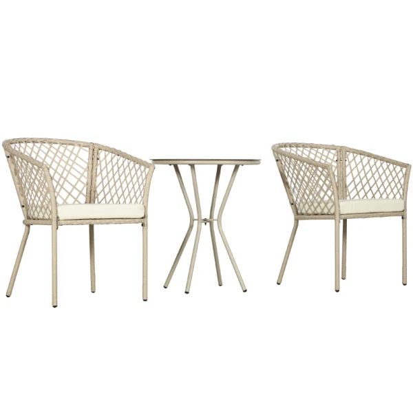 Rotan Tuinmeubelset, 2 Stoelen En Tafel, Tafelblad Van Gehard Glas, PE Rotan, Zitkussens, Metalen Frame, Kaki 1