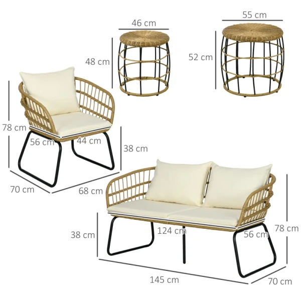 Rotan Zitgroep Loungeset Buitenzitgroep, Boho Stijl, 5-delige Set, 145 X 70 X 78 Cm, Crème + Naturel + Zwart 3