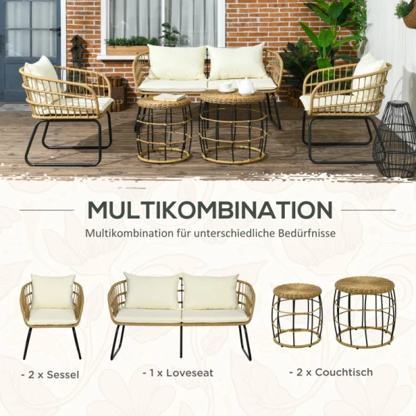 Rotan Zitgroep Loungeset Buitenzitgroep, Boho Stijl, 5-delige Set, 145 X 70 X 78 Cm, Crème + Naturel + Zwart 6