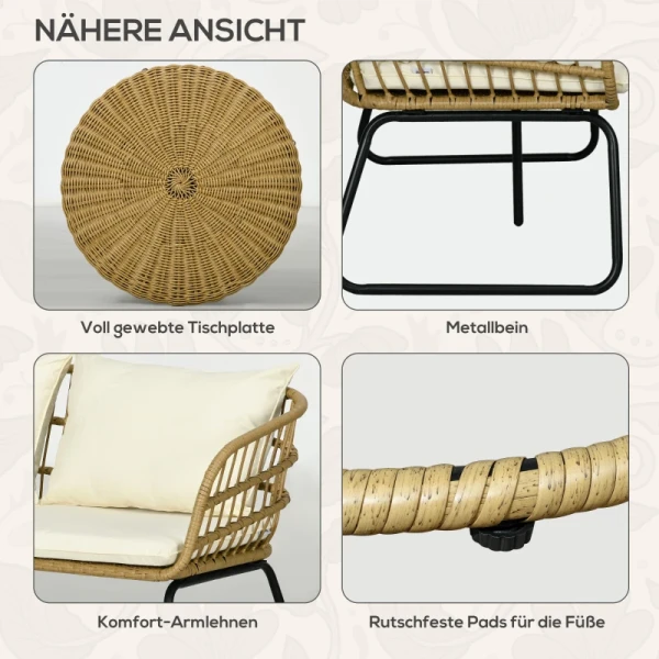 Rotan Zitgroep Loungeset Buitenzitgroep, Boho Stijl, 5-delige Set, 145 X 70 X 78 Cm, Crème + Naturel + Zwart 7