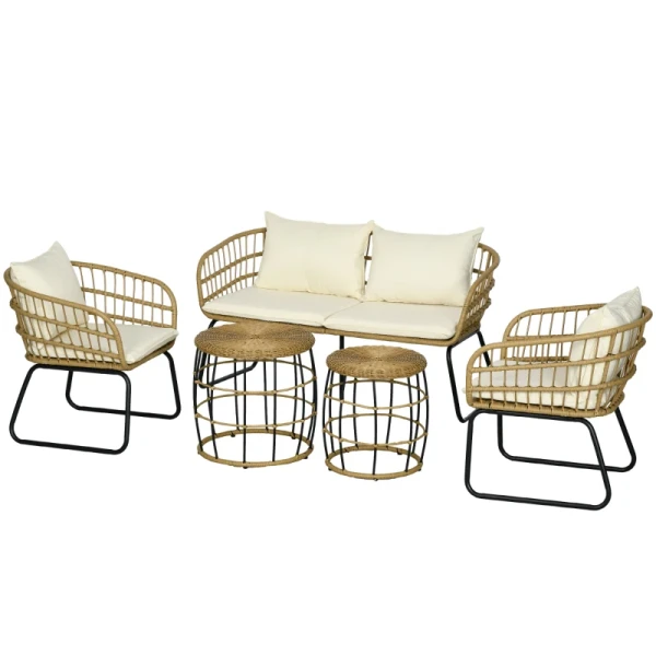 Rotan Zitgroep Loungeset Buitenzitgroep, Boho Stijl, 5-delige Set, 145 X 70 X 78 Cm, Crème + Naturel + Zwart 1