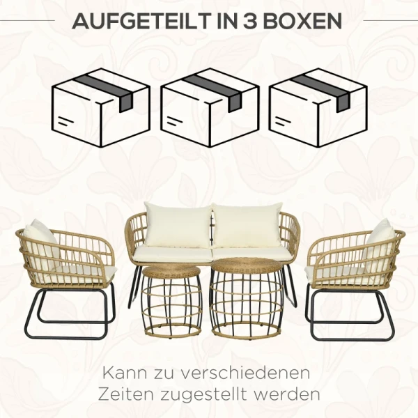 Rotan Zitgroep Loungeset Buitenzitgroep, Boho Stijl, 5-delige Set, 145 X 70 X 78 Cm, Crème + Naturel + Zwart 8