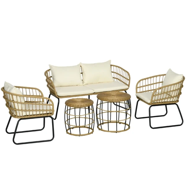 Rotan Zitgroep Loungeset Buitenzitgroep, Boho Stijl, 5-delige Set, 145 X 70 X 78 Cm, Crème + Naturel + Zwart 10