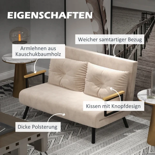 Slaapbank, 2-zitsbank, Fluwelen Bank, Slaapfunctie, Inclusief 2 Kussens, Fluwelen Look, Naturel + Beige + Zwart 6