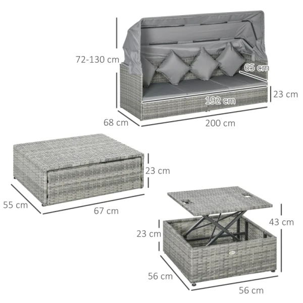 Tuinbankset, 4-delig, Met Zonnekap, Kussens, Polyrattan/metalen Frame, Grijs 3