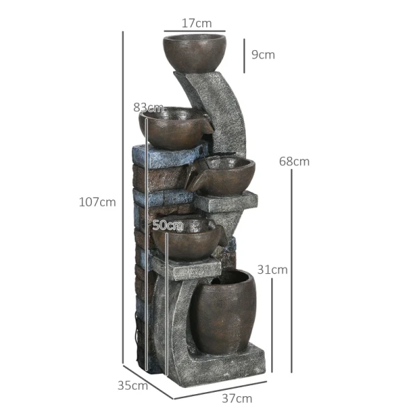 Tuinfontein, Baksteenlook, 5 Niveaus, Werking Op Zonne-energie, LED's, 107cm, Kunsthars, Grijs/bruin 3