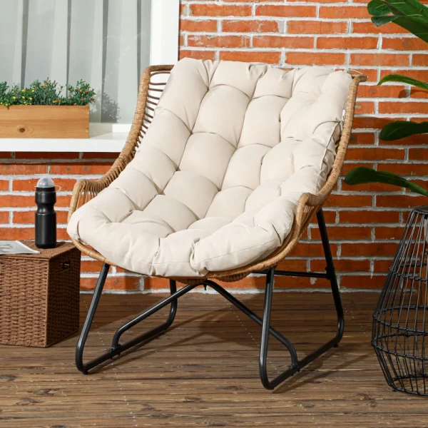 Tuinlounge, Rotan Look, Buitenfauteuil, Met Kussen, Metalen Frame, 75x101x90 Cm, Naturel/kaki/zwart 2