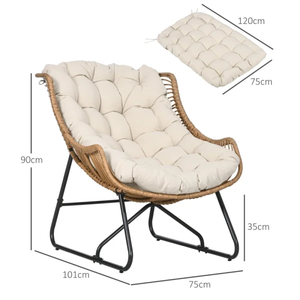 Tuinlounge, Rotan Look, Buitenfauteuil, Met Kussen, Metalen Frame, 75x101x90 Cm, Naturel/kaki/zwart 3