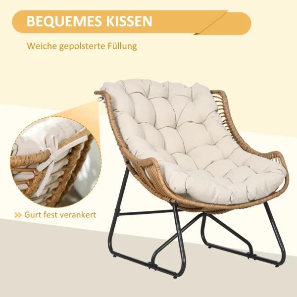 Tuinlounge, Rotan Look, Buitenfauteuil, Met Kussen, Metalen Frame, 75x101x90 Cm, Naturel/kaki/zwart 4