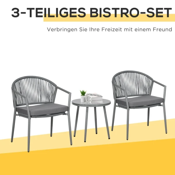 Tuinmeubelset, 2 Stoelen En 1 Tafel Met Glazen Blad, Rotanlook, Weerbestendig, Metalen Frame, Grijs 4