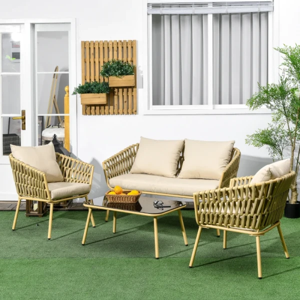 Tuinmeubelset, 4-delig, Decoratief Rotan-design, Tafel Met Glazen Blad, Inclusief Zitkussen, Weerbestendig, Kaki 2