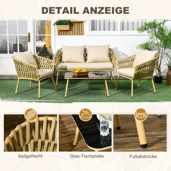 Tuinmeubelset, 4-delig, Decoratief Rotan-design, Tafel Met Glazen Blad, Inclusief Zitkussen, Weerbestendig, Kaki 6