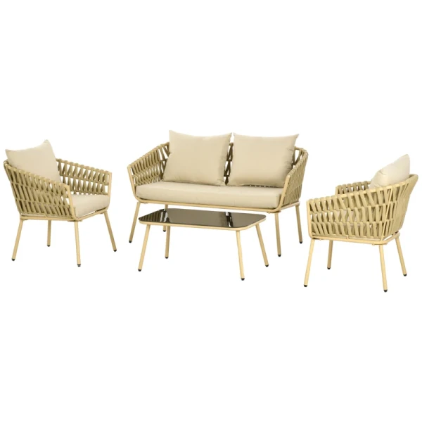 Tuinmeubelset, 4-delig, Decoratief Rotan-design, Tafel Met Glazen Blad, Inclusief Zitkussen, Weerbestendig, Kaki 1